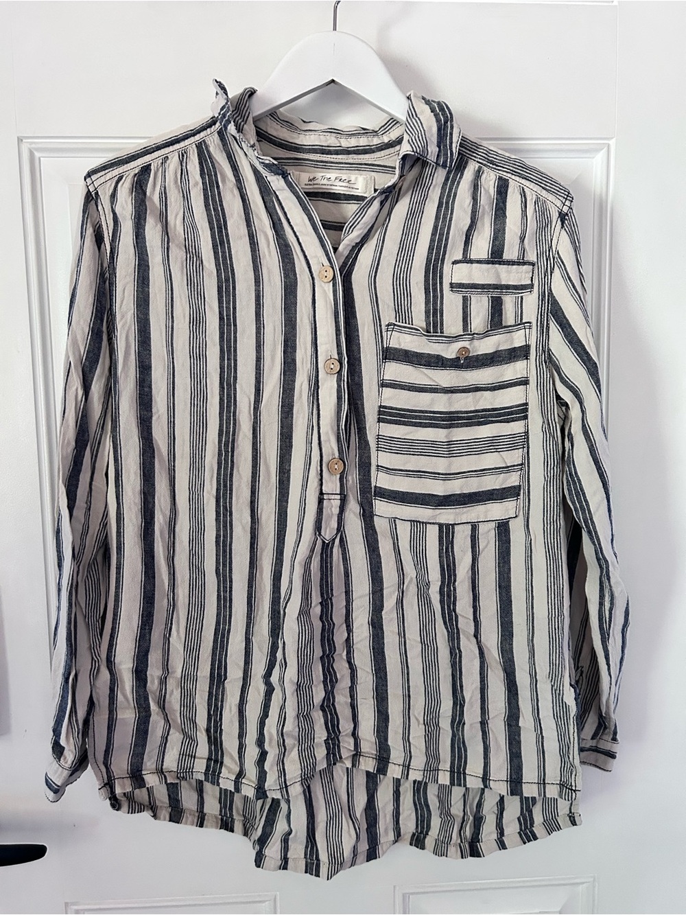 We The Free Black & White Striped Button Pullover Shirt